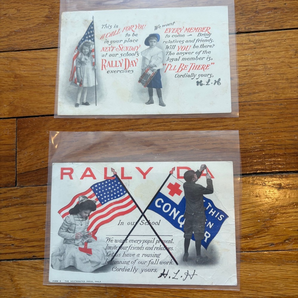 Antique Postcards Rally Day School Set of 2 Patriotic Red White Blue Ephemera